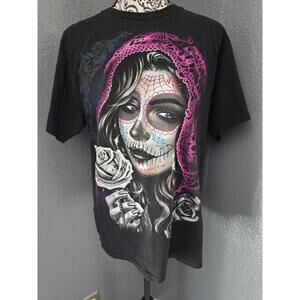 Women's Alstyle Graphic Shirt Day Of Dead Woman Roses Tattoo Size Large Black